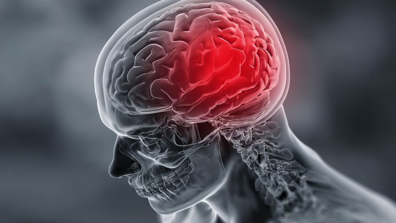 Detaljerad visualisering av mänsklig anatomi som visar hjärnaktivitet i pannloberna och associerade strukturer, vilket belyser neural aktivitet och hälsoimplikationer