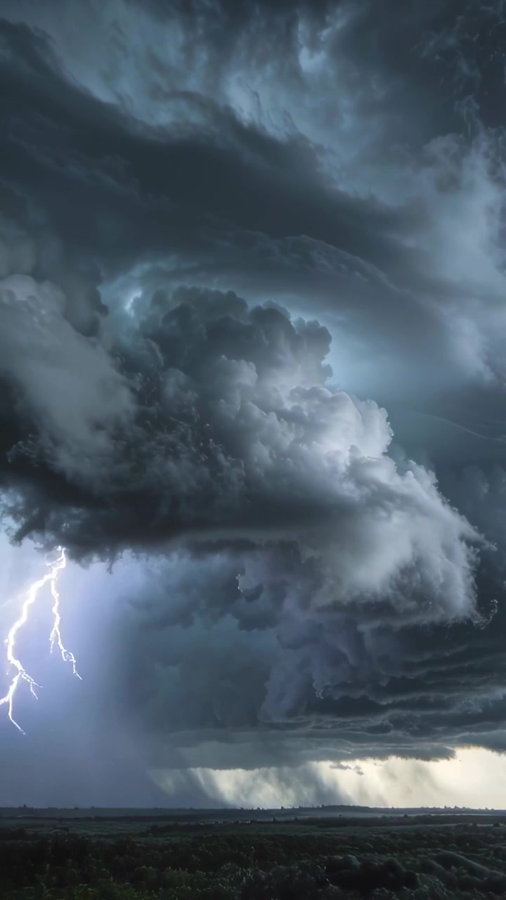 Video vertical: Nube cumulonimbus en evolución con relámpagos y enviando una columna de lluvia a través de la llanura.
