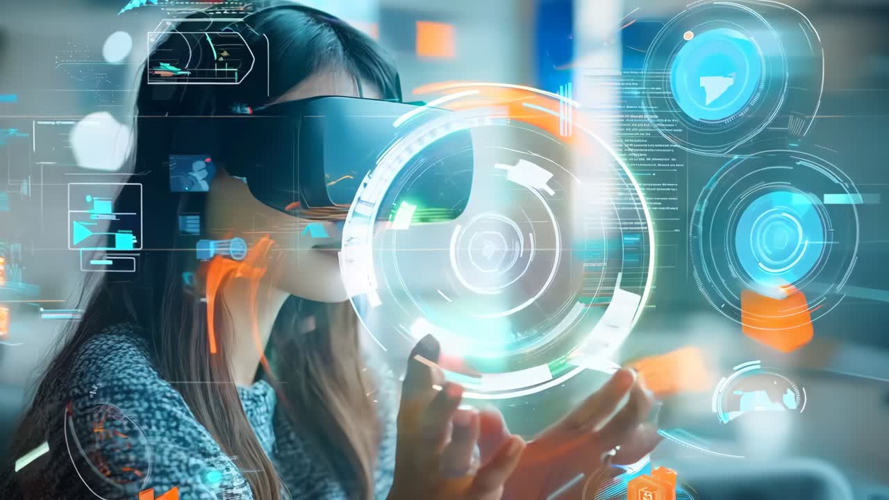 uma mulher usando um fone de ouvido de realidade virtual na frente de uma interface futurista