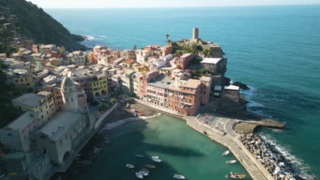 cinematic establishing shot above vernazza town in cinque terre