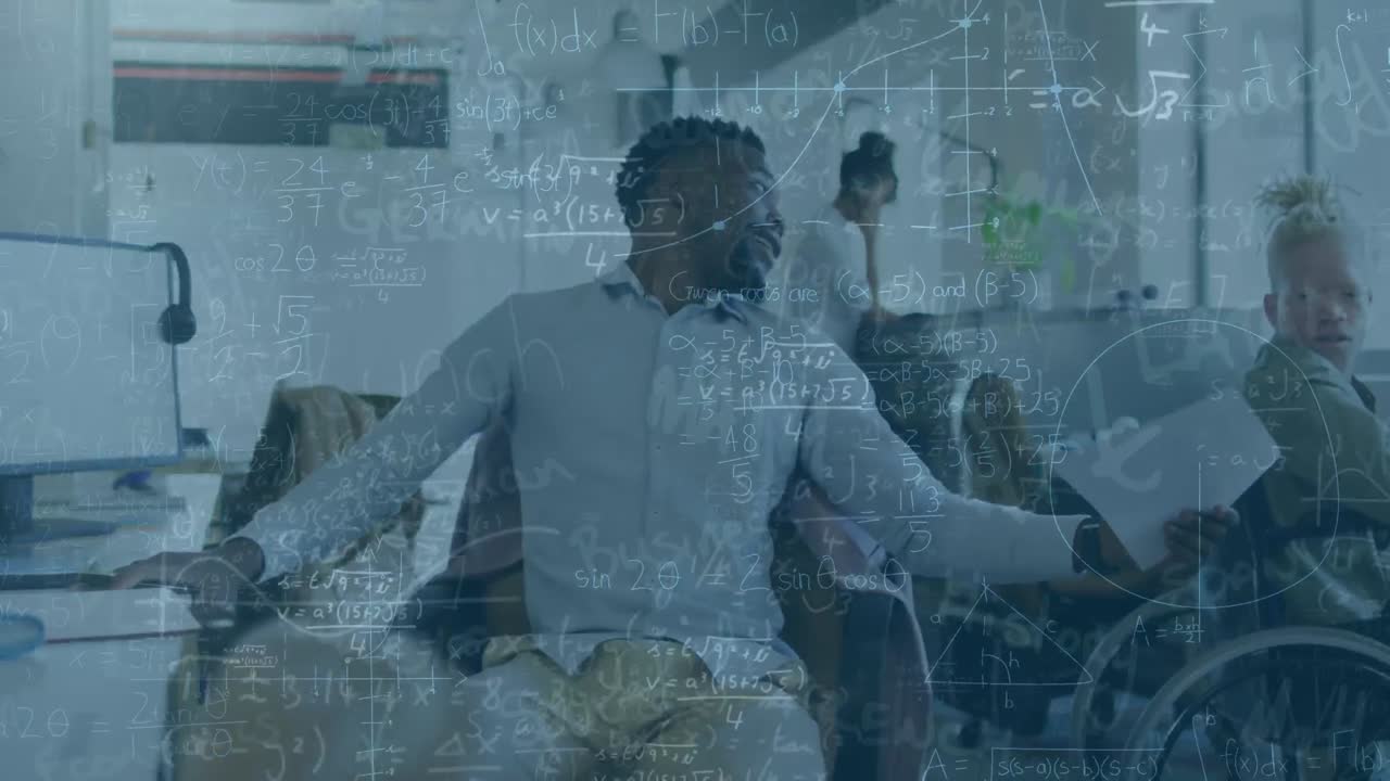 Animation of math formulas over diverse male coworkers in office