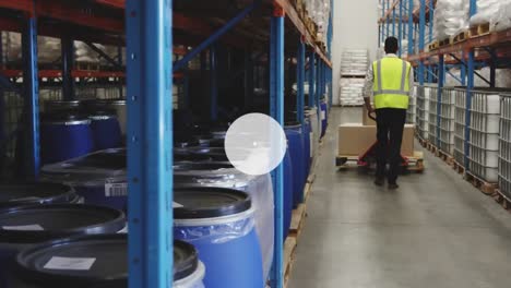 animation of connected profile icons over rear view of caucasian man pushing boxes on pallet jack