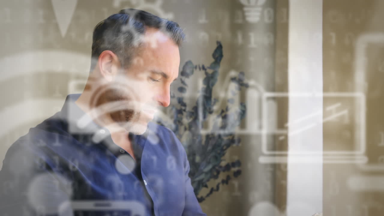 анимация сети цифровых икон над бизнесменом с помощью планшетного компьютера