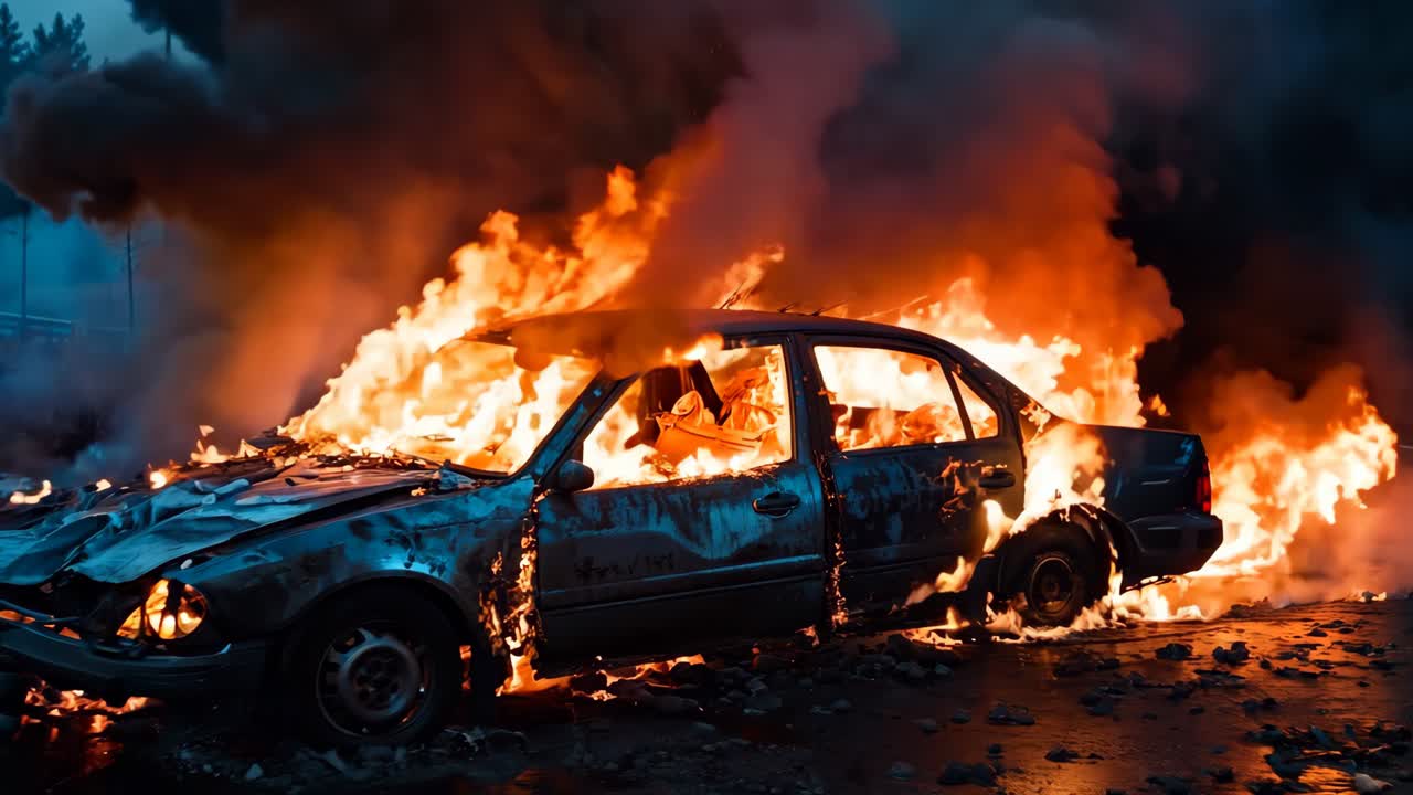 un coche está envuelto por llamas en el lado de la carretera