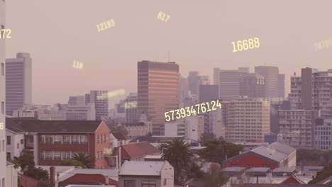 Animation-of-multiple-changing-numbers-floating-against-aerial-view-of-cityscape