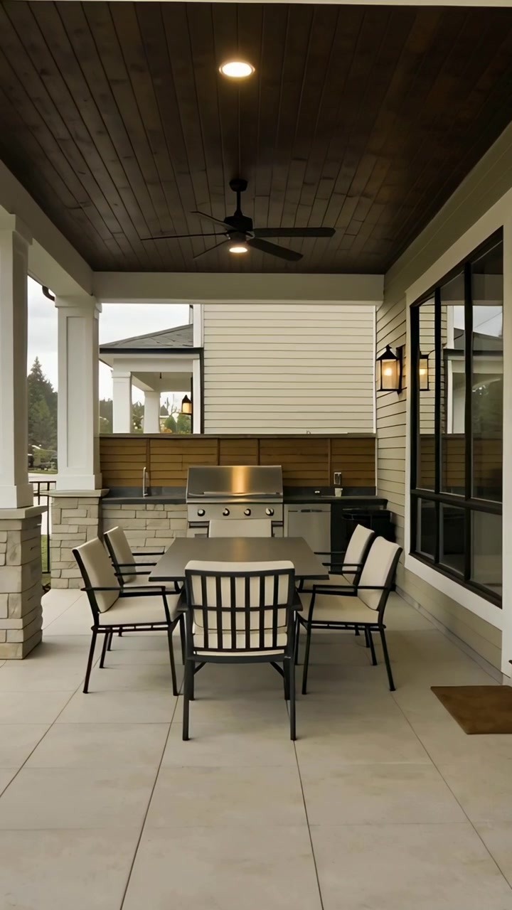 Vertical video: Moving camera framing dining area on rear porch, showing grill for tour