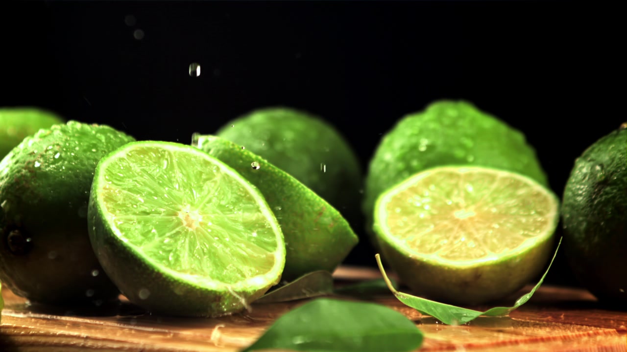 Refreshing Green Limes and Halves with Falling Water Droplets