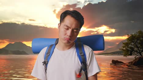 close up of asian male hiker with mountaineering backpack shaking his head and making unsatisfied face at a lake