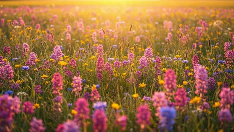 a breathtaking floral landscape at sunset: vibrant colors and a sea of wildflowers create a stunning natural display against a golden horizon