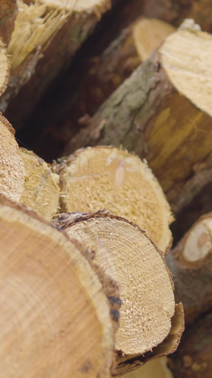 Macro shot of freshly cut pine logs stacked in a pile, showing detailed wood grain and texture for forestry and timber industry concepts.