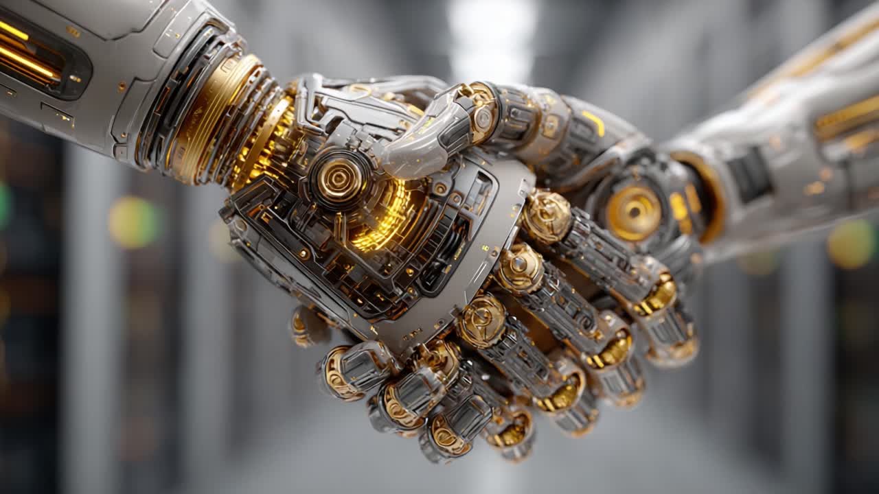 A captivating moment of connection between two advanced robotic hands, showcasing intricate design and technology in an industrial environment, emphasizing the future of human-robot interaction