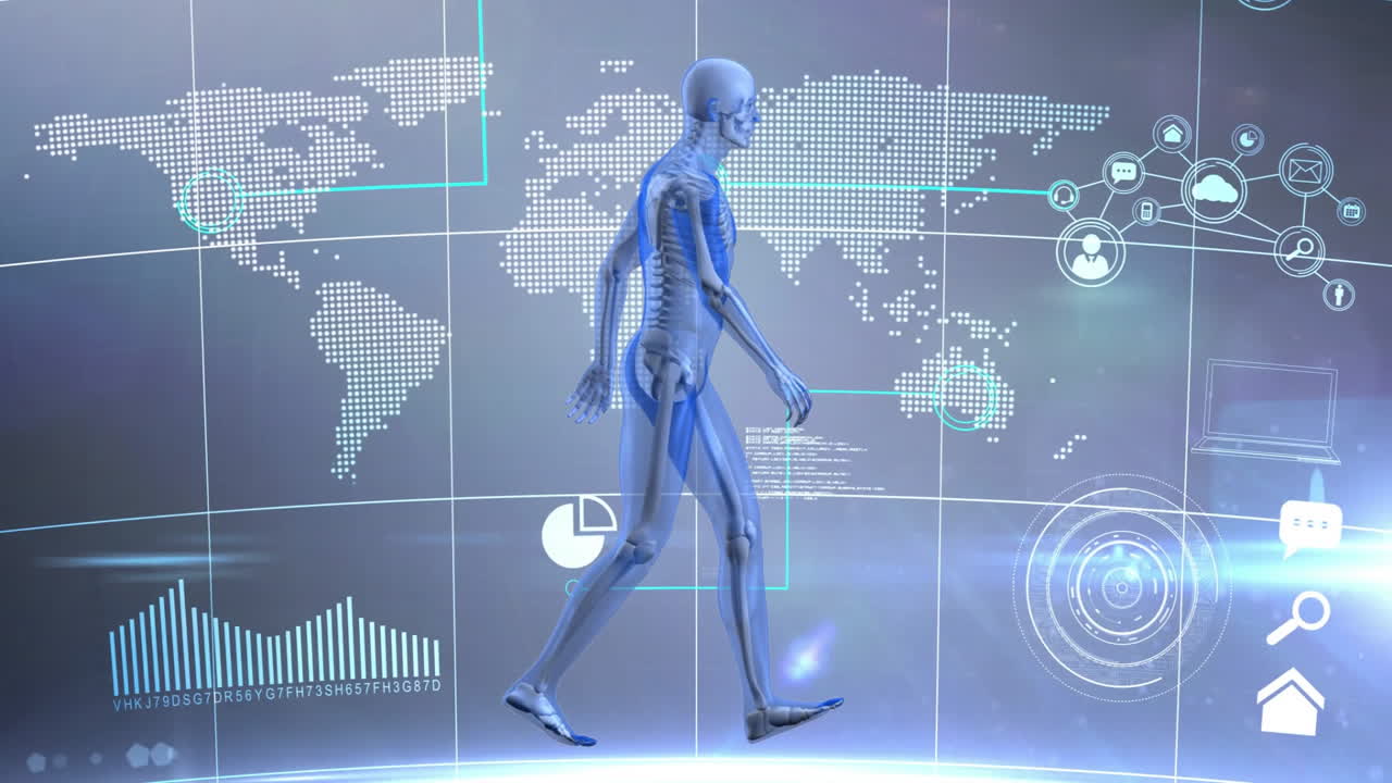 Animation of digital human model over data processing with world map on black background