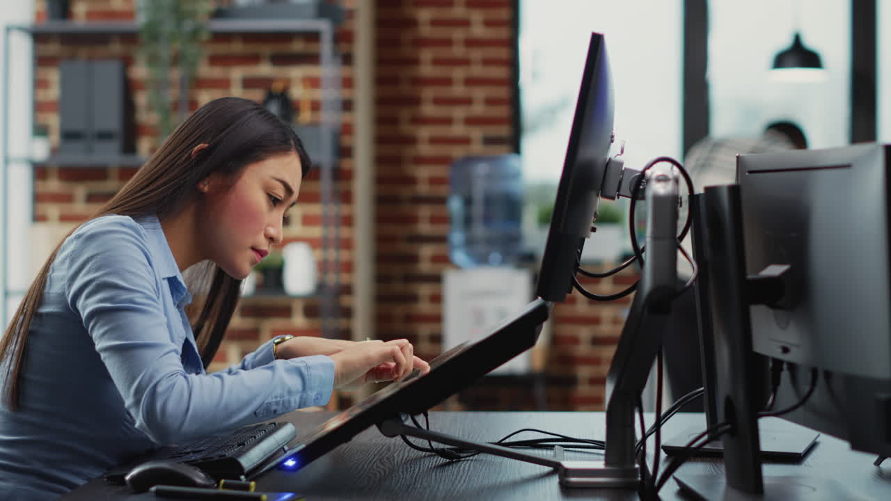 Asian female engineer using touchscreen display to create game interface
