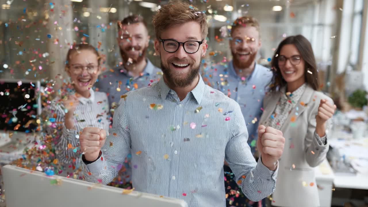 Celebrating Success: A Group of Colleagues Rejoicing in a Festive Office Environment, Filled with Colorful Confetti and Joyful Expressions