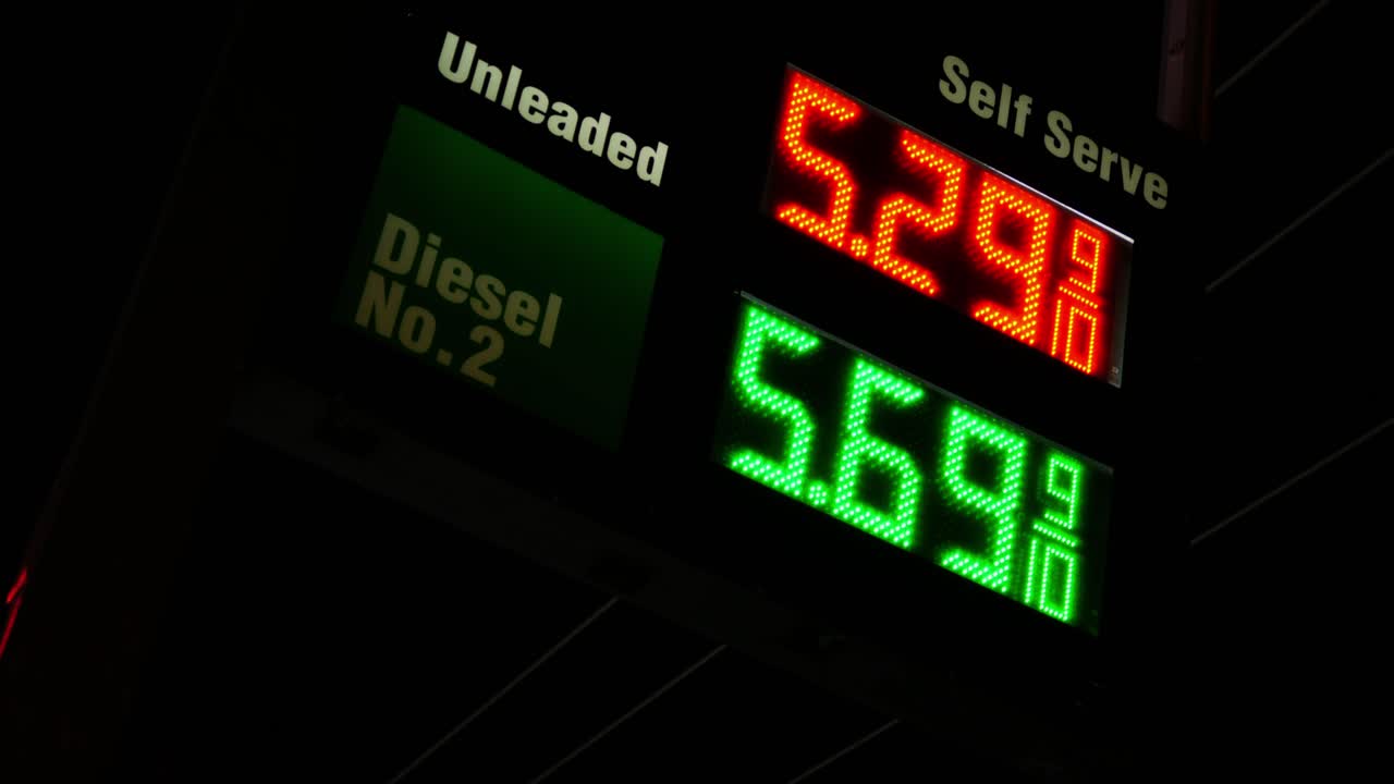Gas station prices LED light up sign for regular and diesel fuel at night over 5 dollars per gallon price, during 2021 2022 war recession, ground up shot panning with telephone wires in background
