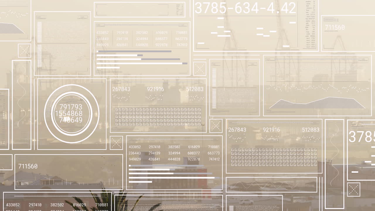 Animation of interface with data processing against aerial view of cityscape
