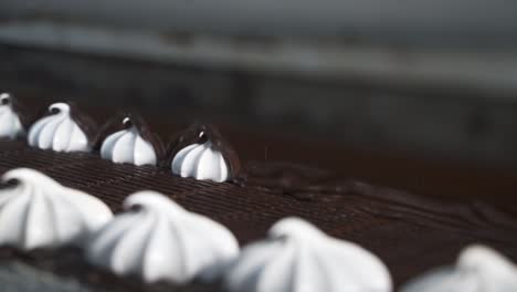 a white sweet marshmallow on a ribbon is covered with melted hot dark chocolate. close-up. conveyor at a confectionery factory