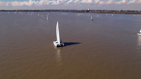 catamaran sailing on muddy river - aerial