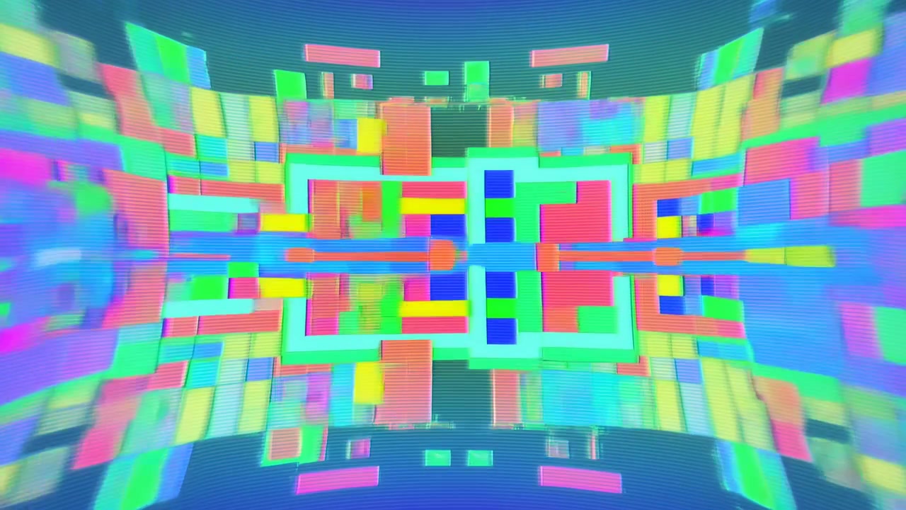 Neon Pixel Tunnel With Vibrant Motion, Mirrored Panels Of Saturated Squares Create Dizzying Depth, Glitch
