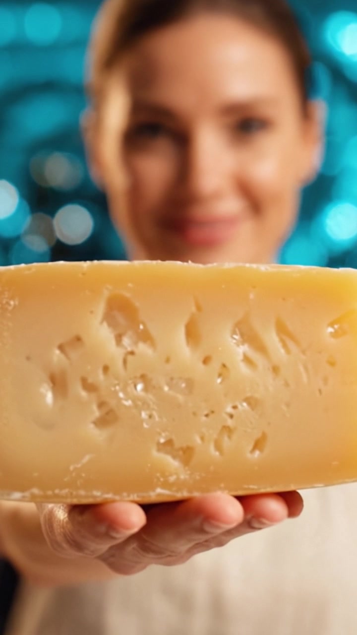 Uno chef esperto mostra con maestria un blocco di formaggio artigianale, evidenziandone la consistenza e la lavorazione, in un ambiente cucina vivace e accogliente.