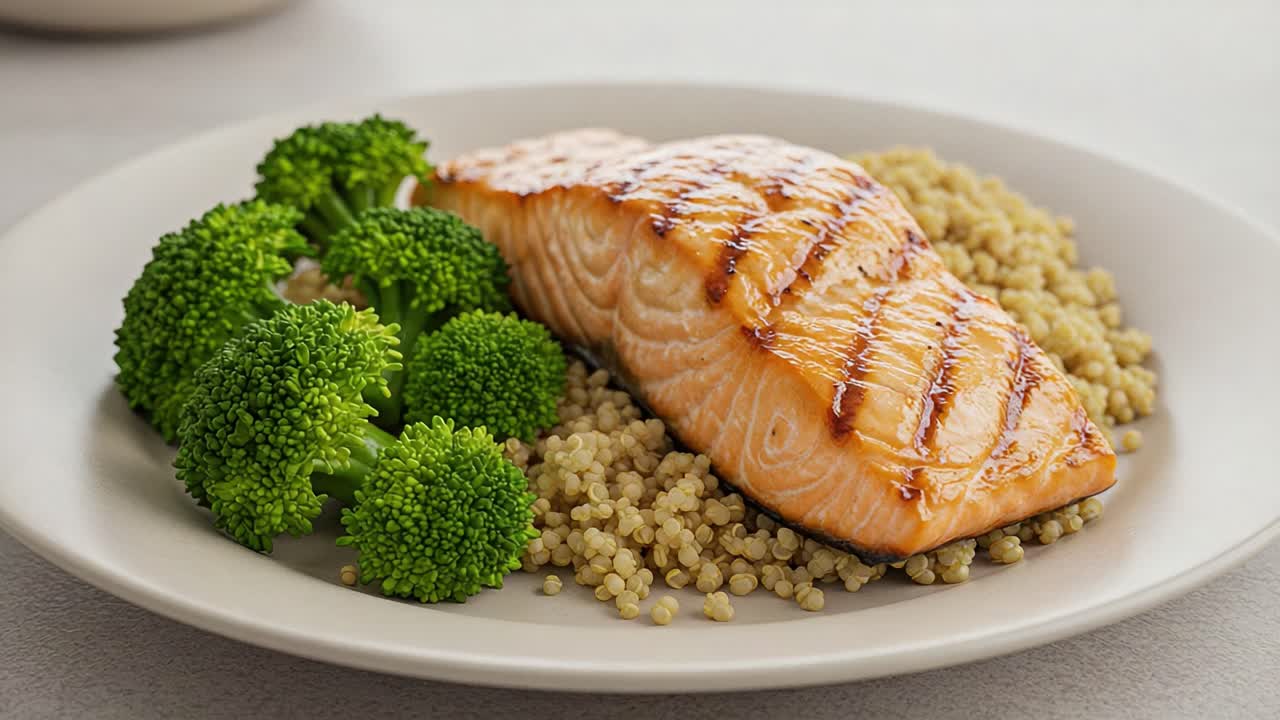 Grilled Salmon Fillet Served with Quinoa and Fresh Broccoli on a Plate, Showcasing a Delicious and Healthy Meal Option Rich in Nutrients and Flavor