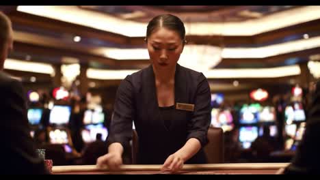 a skilled casino dealer engaged in a high-stakes game, maneuvering chips on the table with focus and precision in a luxurious gambling environment