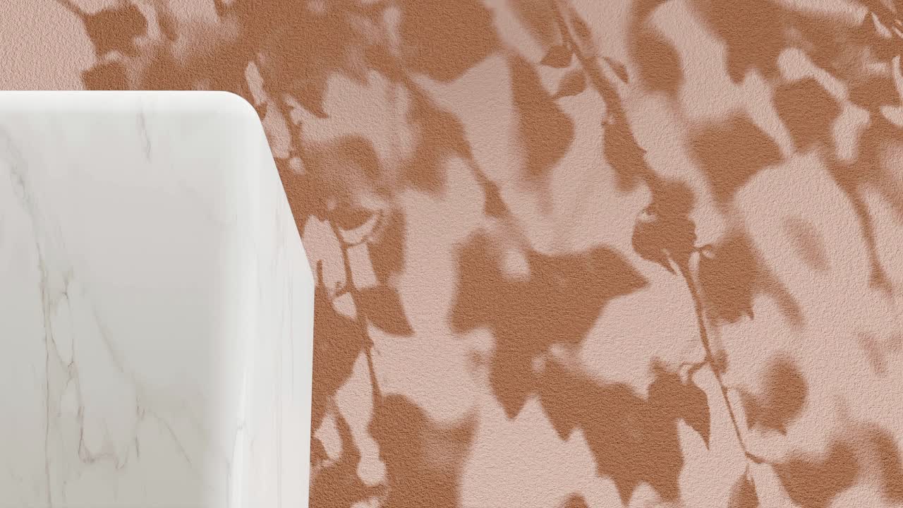 White marble pedestal with shadow of branches on a yellow background