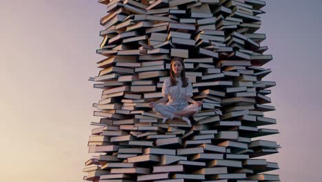 teenage girl meditating on a giant pile of books