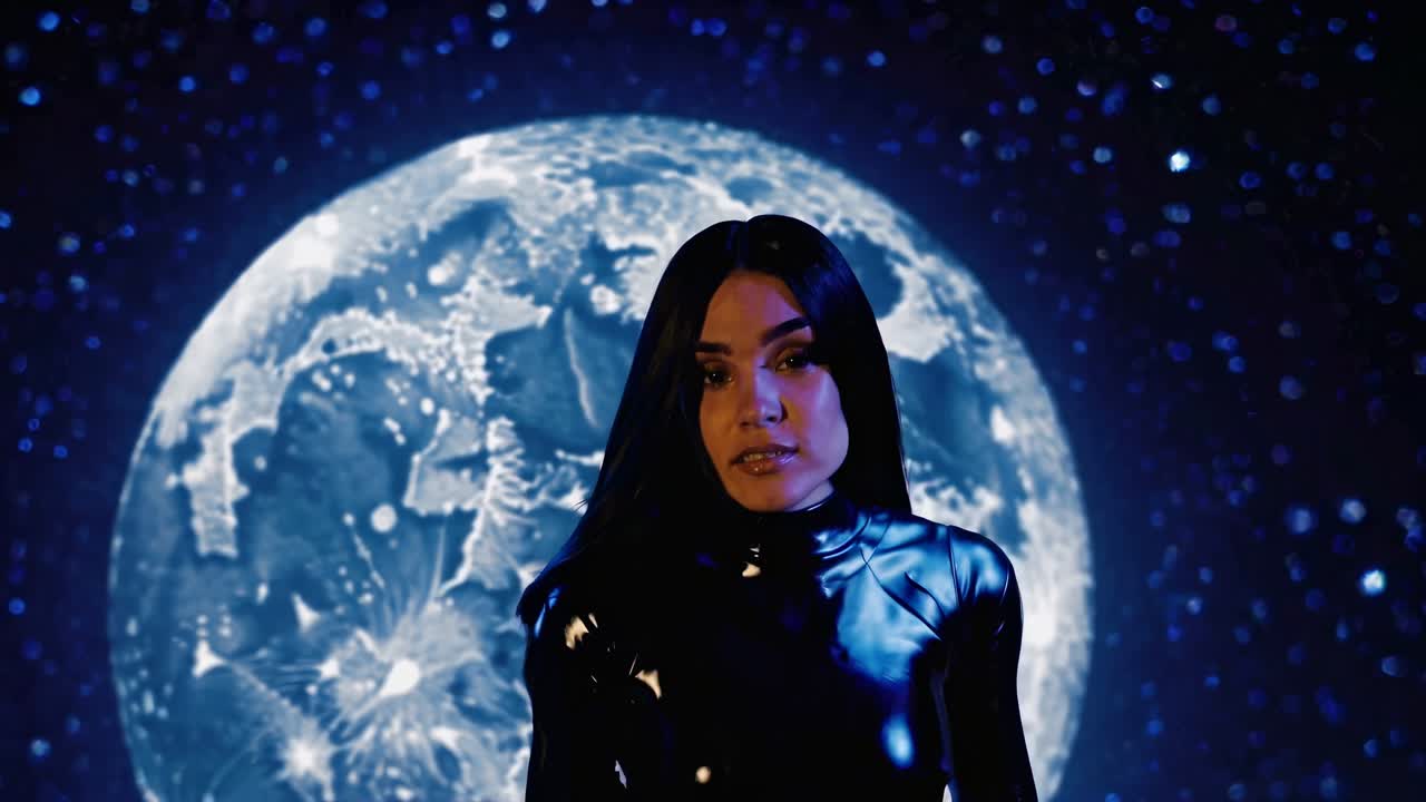 우주복 을 입은 여자 가 달 을 바라보고 있다