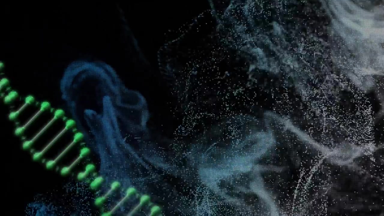 Abstract DNA Helix Structure with Floating Particle Clouds