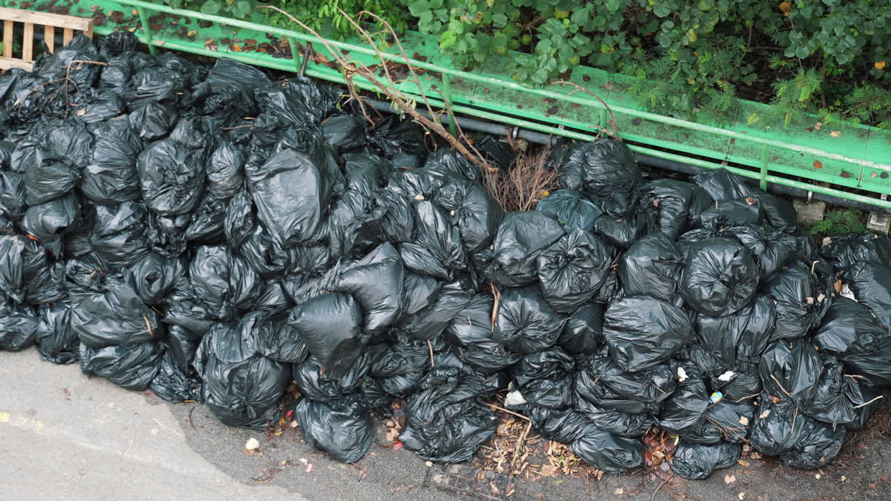 A large pile of black garbage bags collected on the side of a street
