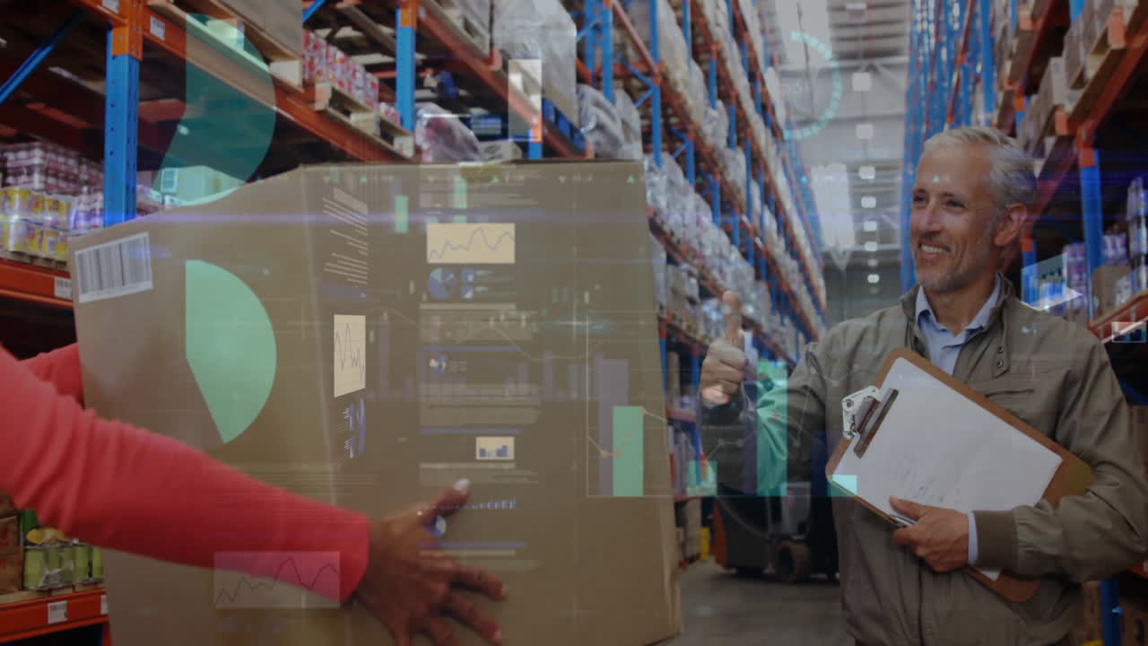 анимация обработки финансовых данных и различных работников на складе