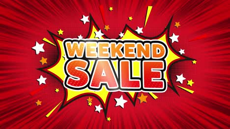 Weekend sale word retro cartoon comic bubbles popup style illustration colored bomb strip dotted and