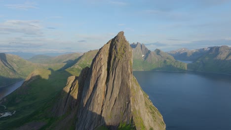 view of segla mountain peak from hesten in senja island, norway