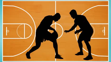 animation of silhouette of basketball players over basketball court