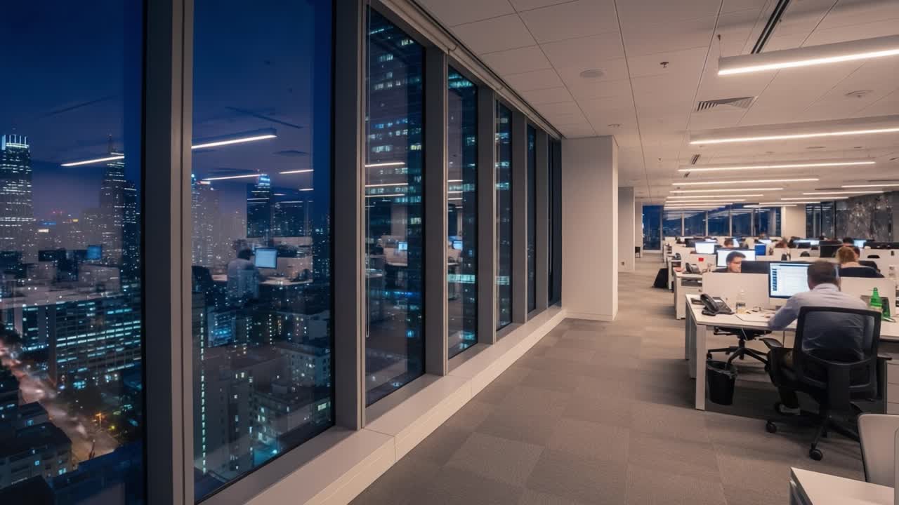 Nighttime View of a Modern Office with Workers and City Skyline