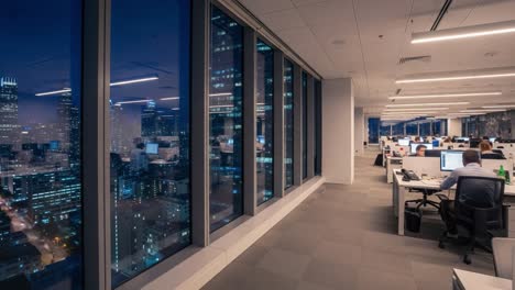 nighttime view of a modern office with workers and city skyline