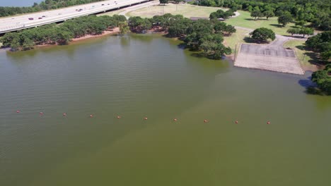 Aerial-video-of-the-flooded-boat-ramp-at-Copperas-Branch-Park-on-Lake-Lewisville-in-Texas