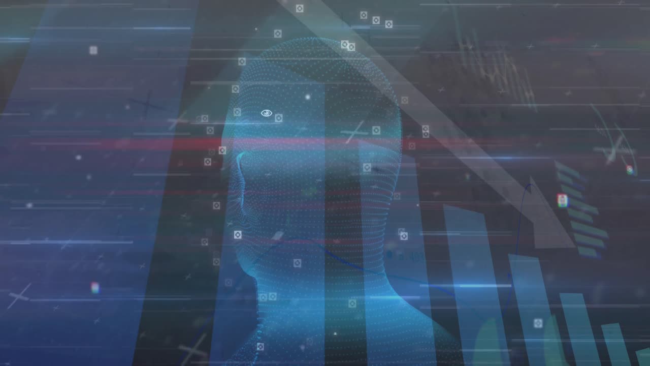 Animation of data processing with markers and statistics over glowing human head