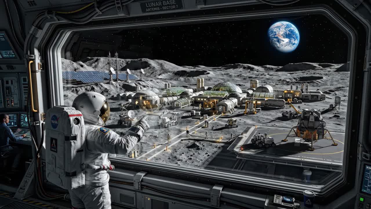 Astronaut Observes Lunar Base and Lander Takeoff from Spaceship Window