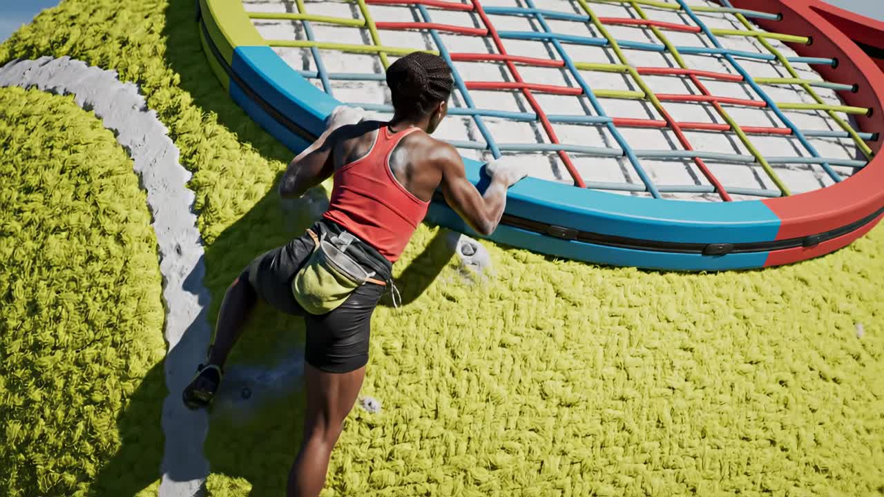 Wanita Memanjat Struktur Bola Tenis dan Raket Raksasa