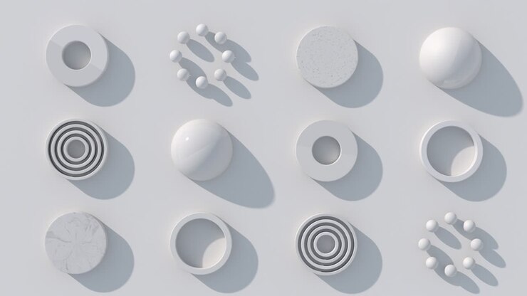 White circle shapes and balls. Abstract animation, 3d render.