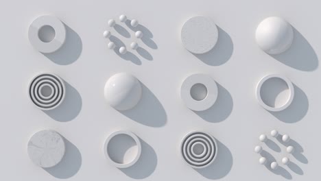 white circle shapes and balls. abstract animation, 3d render.