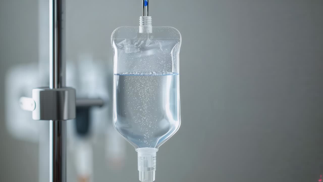 Sacchetto per flebo gocciolante su asta per flebo in clinica, il tubicino forma una gocciolina blu, microbolle che salgono per l'infusione