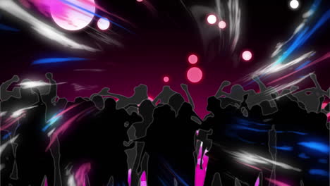 spots of light over silhouette of people dancing against digital waves on purple background