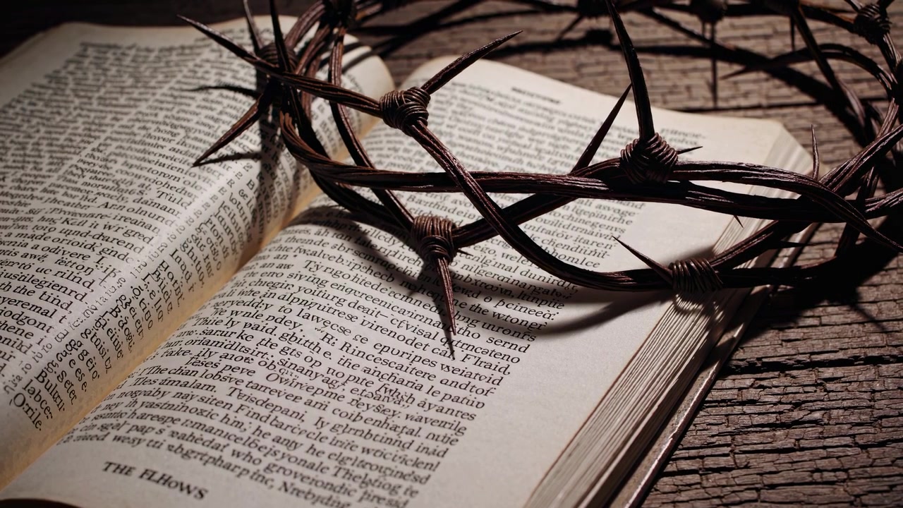 Couronne d'épines reposant sur une Sainte Bible ouverte