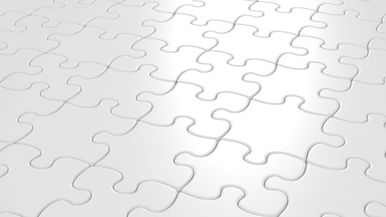 piezas de rompecabezas blancas que caen en la mesa animación 3d. solución correcta concepto de negocio. pantalla verde. máscara alfa.