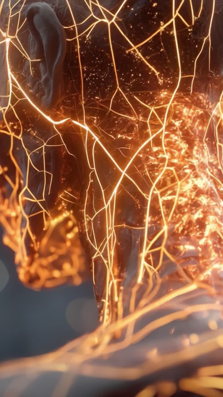 An Intricate Display of Energized Neural Patterns Illuminating the Surface of a Human Figure, Capturing the Fusion of Organic and Digital Aesthetics