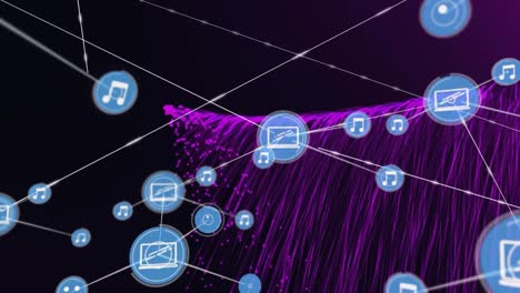 Animation-Eines-Netzwerks-Von-Verbindungen-Mit-Digitalen-Symbolen-über-Violetten-Lichtspuren