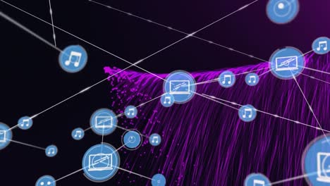 animación de la red de conexiones con iconos digitales sobre senderos de luz púrpura